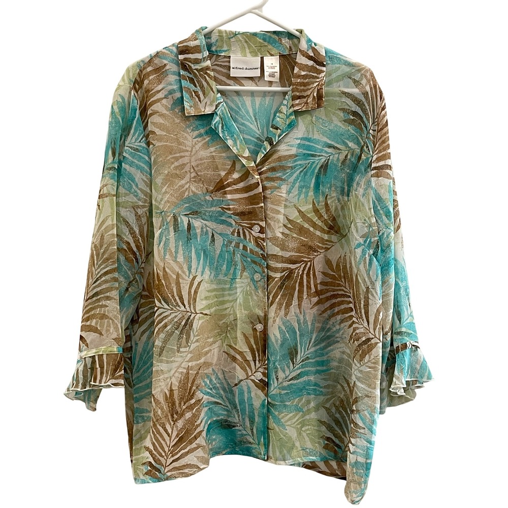 00118 - Alfred Dunner Womens SZ 16 Sheer Tropical Palm Button Blouse 3/4 Sleeve